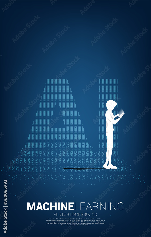 Poster Silhouette of man and woman use mobile phone with AI wording from pixel transform. concept of machine learning and Artificial Intelligence technology