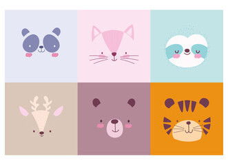 cartoon cute animals characters faces collection design