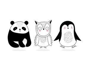 cute animals sketch wildlife cartoon adorable panda owl and penguin