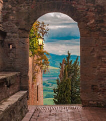 the entrance to the old fortress in Pienza Italy
