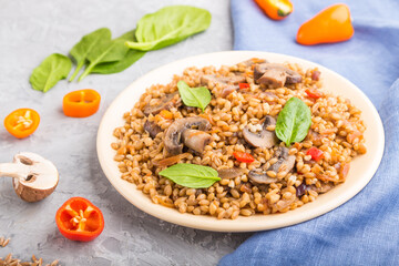 Spelt (dinkel wheat) porridge with vegetables and mushrooms on ceramic plate on a gray concrete background. Side view, selective focus.
