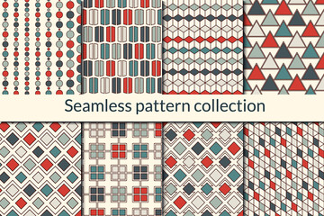 Geometric seamless pattern collection. Geo background set. Circle, diamond, rhombus, triangle, square grid motif prints