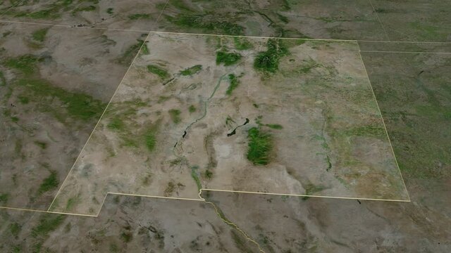 New Mexico, state with its capital, zoomed and extruded on the satellite map of United States in the conformal Stereographic projection. Animation 3D