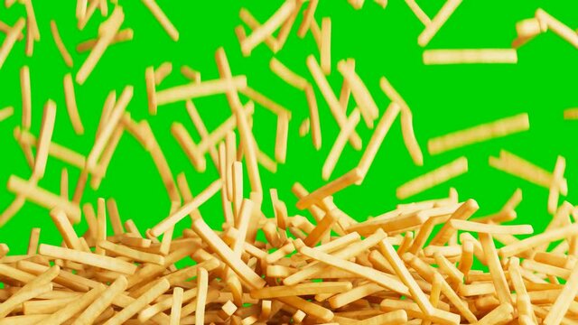 French fries falling down and forming the pile. Fast food. Chips. Green screen