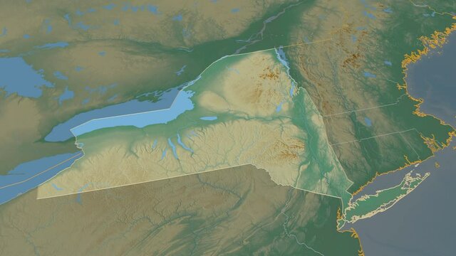 New York, state with its capital, zoomed and extruded on the relief map of United States in the conformal Stereographic projection. Animation 3D