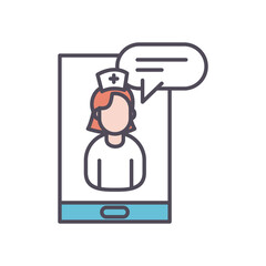 female nurse with bubble on smartphone line and fill style icon vector design