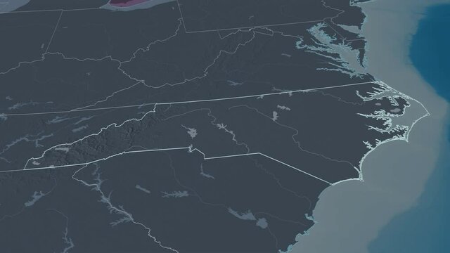 North Carolina, state with its capital, zoomed and extruded on the administrative map of United States in the conformal Stereographic projection. Animation 3D
