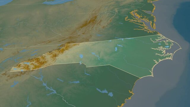 North Carolina, state with its capital, zoomed and extruded on the relief map of United States in the conformal Stereographic projection. Animation 3D