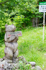 篠井山登山口にある案内看板の木彫りの熊
