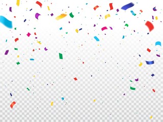 Holiday background with confetti. Vector flying and falling colorful paper confetti on transparent background. Holiday celebration, party fun, grand opening ceremony, festival or carnival decoration