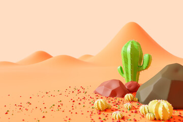 Cactus and rocks on the sweltering desert in the western country. landscape in cute cartoon style. Copy space for your article on the left. Concept of lover and like cactus. 3D illustration rendering.