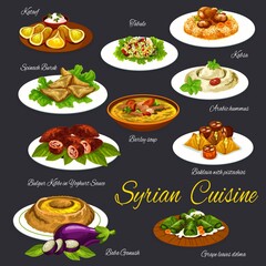 Syrian cuisine food and desserts vector menu set. Qatayef, tabbouleh salad and barley soup, hummus and kabsa, spinach burek, bulgur kibbe and baklava with pistachios, baba ganoush, grape leaves dolmeh