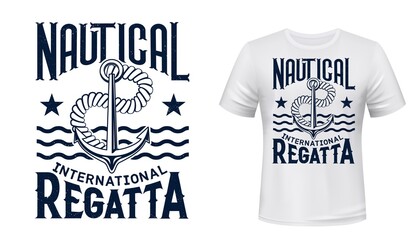 Anchor, rope and waves shirt print vector. Yachting regatta race contestant, yachtsman clothes design mockup. Yachting sport competition, sailing race series, nautical t-shirt custom print