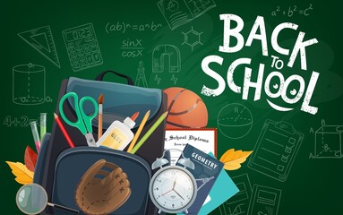 Educational blackboard with Back to School grunge lettering vector poster. Chalkboard with sketch chalk drawings, student supplies student bag, sport ball and diploma. School time educational items