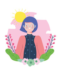 happy friendship day, beautiful woman portrait flowers and foliage, cartoon special event celebration