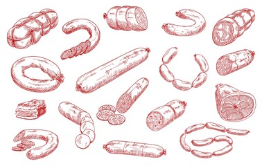Sausages and meat products vector sketch set. Sliced salami, chorizo and pepperoni, bacon piece, hamon and mortadella, bratwurst or frankfurter sausages. Meat market, butchery, butcher shop products - obrazy, fototapety, plakaty