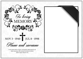 Funeral card vector template, vintage condolence flower ornament with cross, place for photo with black ribbon in corner, name, birth and death dates. Obituary memorial, gravestone funeral card