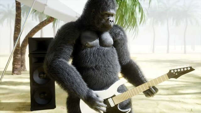 Funny gorillas and monkeys play on guitar and drums. Rock party on sunny seaside. Realistic 4K animation.
