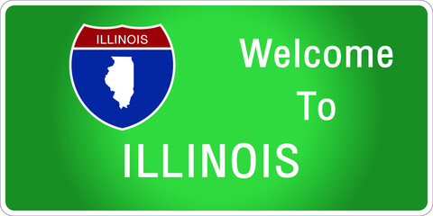 Roadway sign Welcome to Signage on the highway in american style Providing Illinois state information and maps On the green background of the sign vector art image illustration 