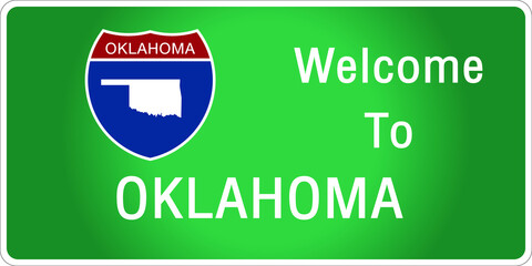 Roadway sign Welcome to Signage on the highway in american style Providing oklahoma state information and maps On the green background of the sign vector art image illustration 