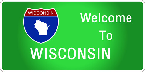 Roadway sign Welcome to Signage on the highway in american style Providing wisconsin state information and maps On the green background of the sign vector art image illustration 