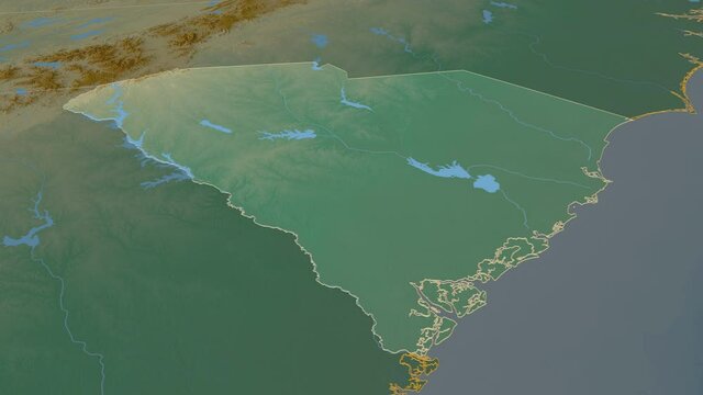 South Carolina, state with its capital, zoomed and extruded on the relief map of United States in the conformal Stereographic projection. Animation 3D