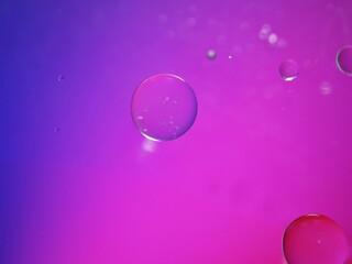 Closeup pink purple oil bubbles with colorful background and blurred droplets ,macro image ,sweet pastel color ,rainbow and colorful balloons background, abstract background