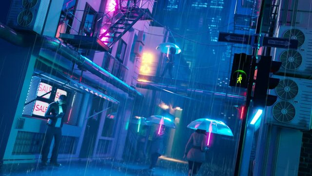 People walking under umbrellas in the rain along the street in the neons lights.