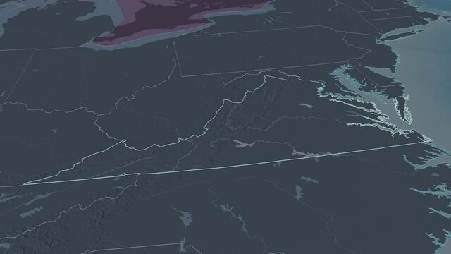 Virginia, state with its capital, zoomed and extruded on the administrative map of United States in the conformal Stereographic projection. Animation 3D