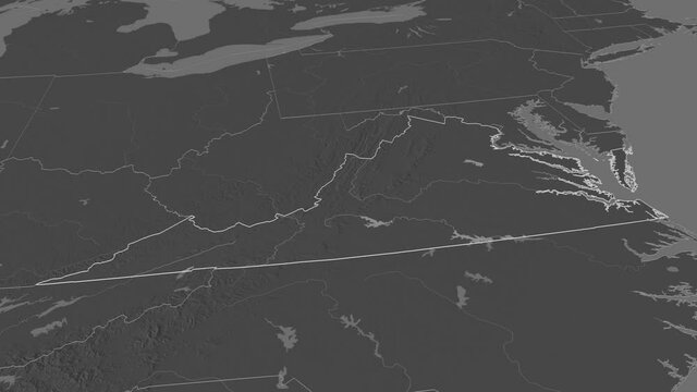 Virginia, state with its capital, zoomed and extruded on the bilevel map of United States in the conformal Stereographic projection. Animation 3D