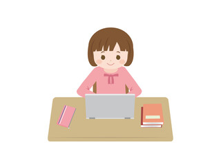 パソコンを使って勉強をする女の子のイラスト