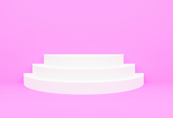 round white podium on pink background. piedestal for presentation, mock up, exposition. Pedestal for display product. Blank empty podium stage. 3d render