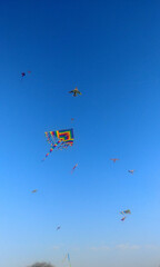 papalotes multicolores volando alto en cielo despejado 