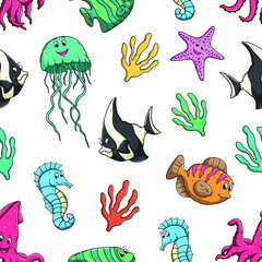 cute sea animal in seamless pattern with colored hand drawn style and colorful decoration