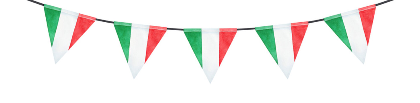 Water color illustration of bunting with red, green and white striped triangular flag. Hand painted watercolour graphic drawing, cutout clip art detail for creative design, card, print, poster, decor.