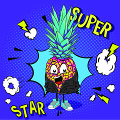 Funny pineapple character in a fashionable black leather jacket and sneakers.  Happy fruit smiling in comic style.  Background with dots. Urban youth illustration for t-shirt in vibrant bright colors
