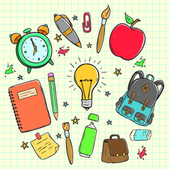 school icons or elements collection using coloring doodle art on paper background