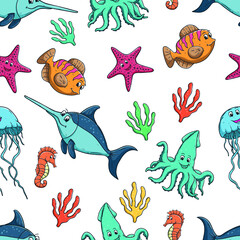 seamless pattern of colorful cute fish or sea animal on white background