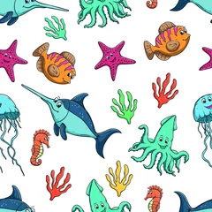 Fototapete Unter dem Meer nahtloses Muster von bunten süßen Fischen oder Meerestieren auf weißem Hintergrund