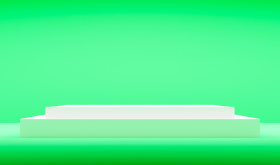 white square pedestal on green background. Blank empty podium stage. 3d render.