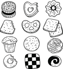set of cookie and biscuit sweet pastry snack food with doodle art