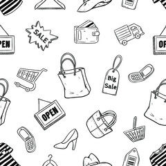 shopping time sale icons in seamless pattern with doodle or hand drawn style
