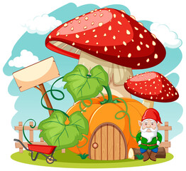 Gnomes and pumpkin mushroom house cartoon style on white background
