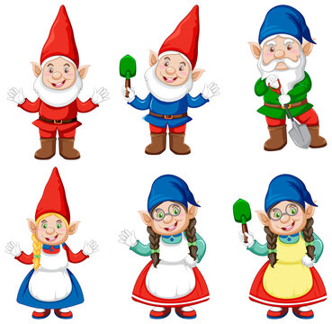 Group of gnome in gardener costume cartoon style isolated on white background