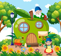 Gnomes and green apple house and in the garden cartoon style on sky background