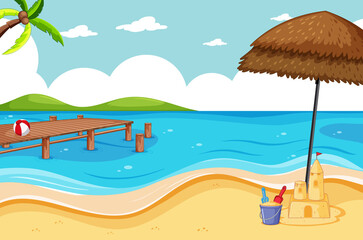 Fototapeta na wymiar Tropical beach and sand beach scene cartoon style
