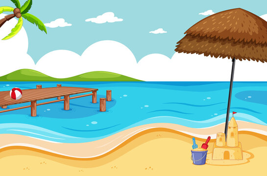 Tropical beach and sand beach scene cartoon style