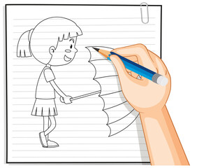 Fototapeta na wymiar Hand drawing of girl holding umbrella outline