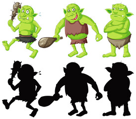 Goblin or troll holding hunting tool in color and silhouette in cartoon character on white background - obrazy, fototapety, plakaty