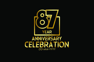 87 year anniversary celebration Block Design logotype. anniversary logo with golden isolated on black background - vector